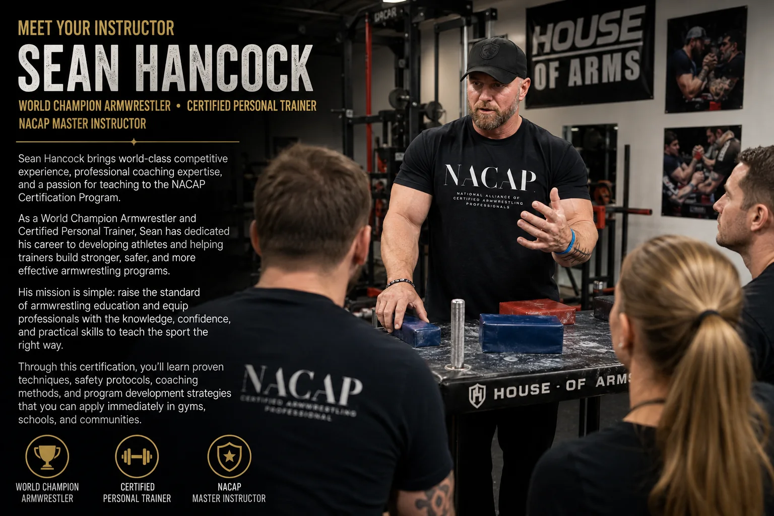 NACAP instructor Sean Hancock teaching an armwrestling certification session