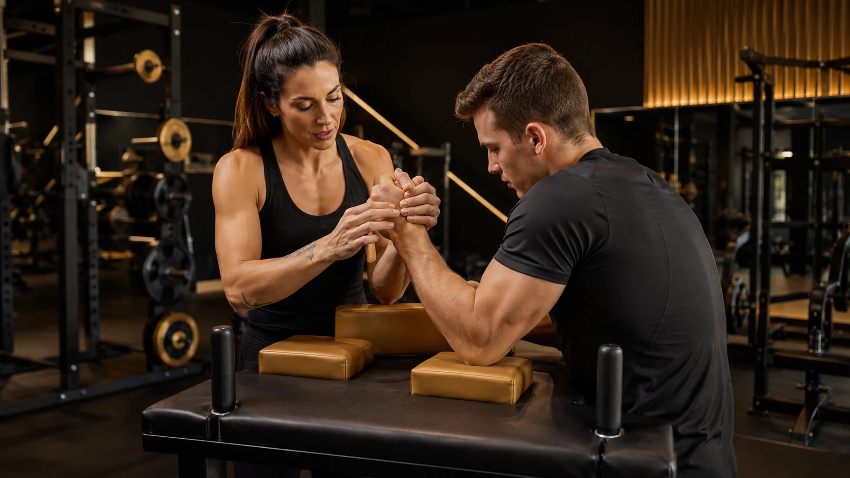 Coach guiding an athlete through practical armwrestling technique